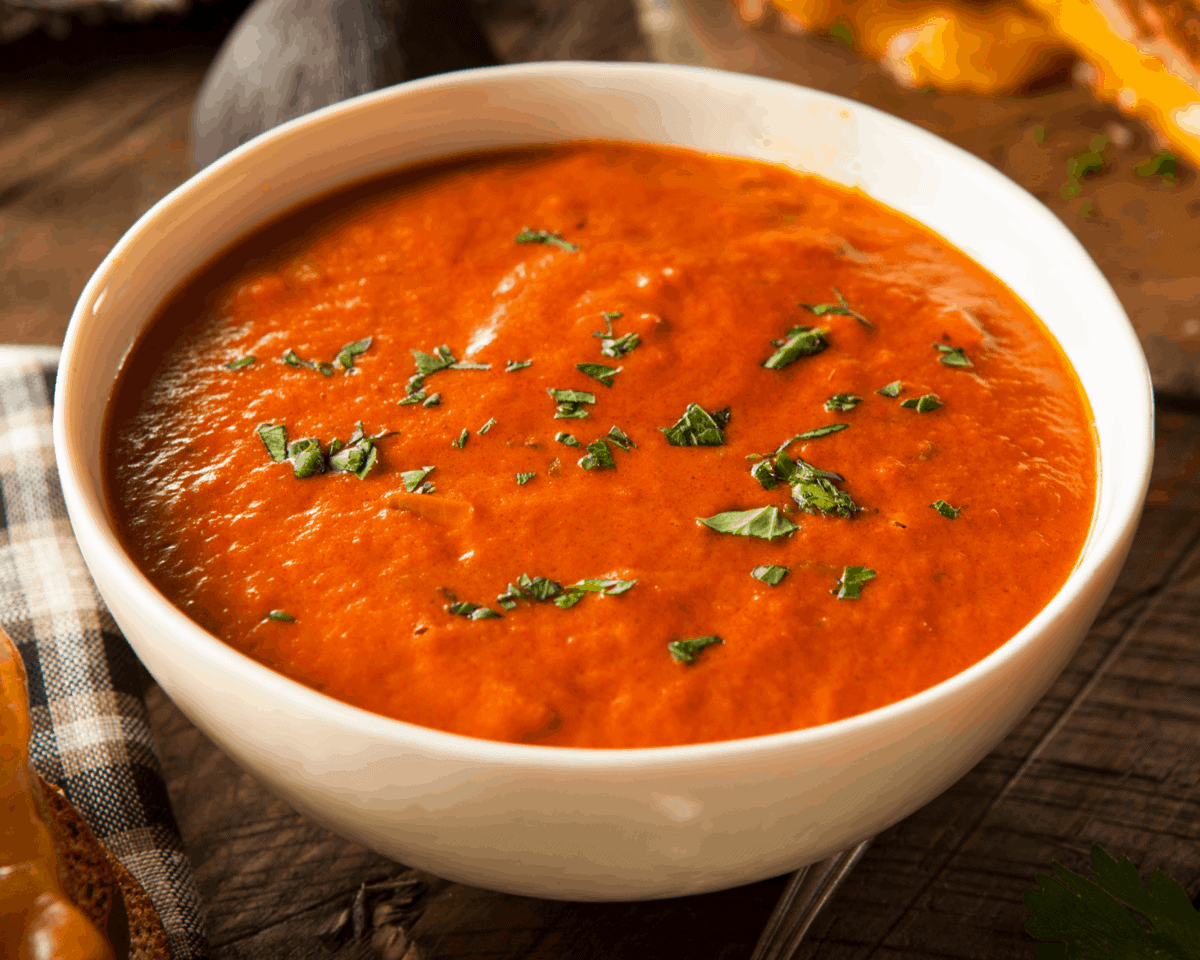 一碗西红柿汤放在砧板上