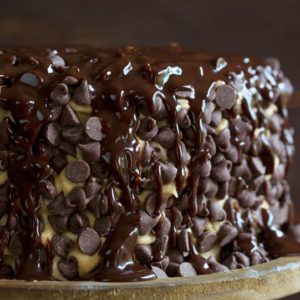 布朗尼层叠蛋糕上覆盖着饼干面团，上面撒着巧克力糖浆，放在一个质朴的木制蛋糕架上。