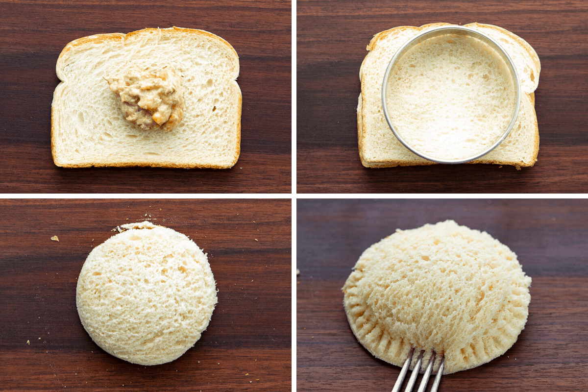 香蕉面包制作过程法式吐司口袋-面包，加馅，切面包，用叉子封面包