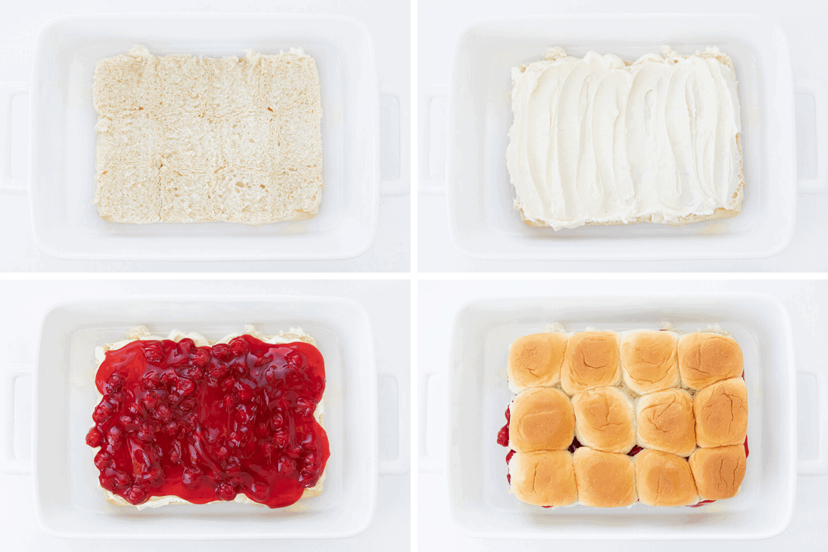 制作樱桃芝士蛋糕滑条的过程——在平底锅里放上哈维安面包，然后是一层奶油芝士，然后是一层樱桃馅饼，然后是顶部的面包