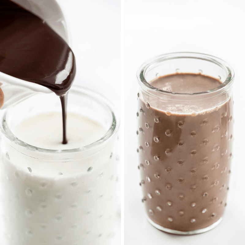 将自制巧克力糖浆倒入牛奶和制作巧克力牛奶